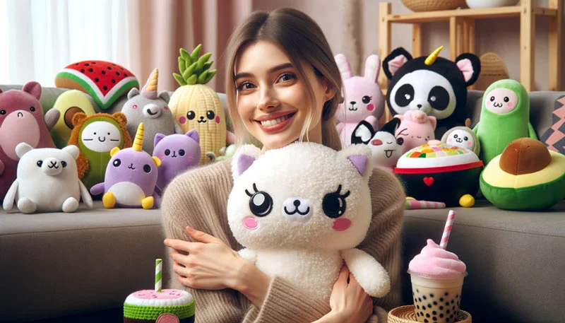 femme serrant sa peluche chat avec un sourire